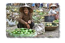 Fruit sellers in Cholon wearing Non Bai Tho